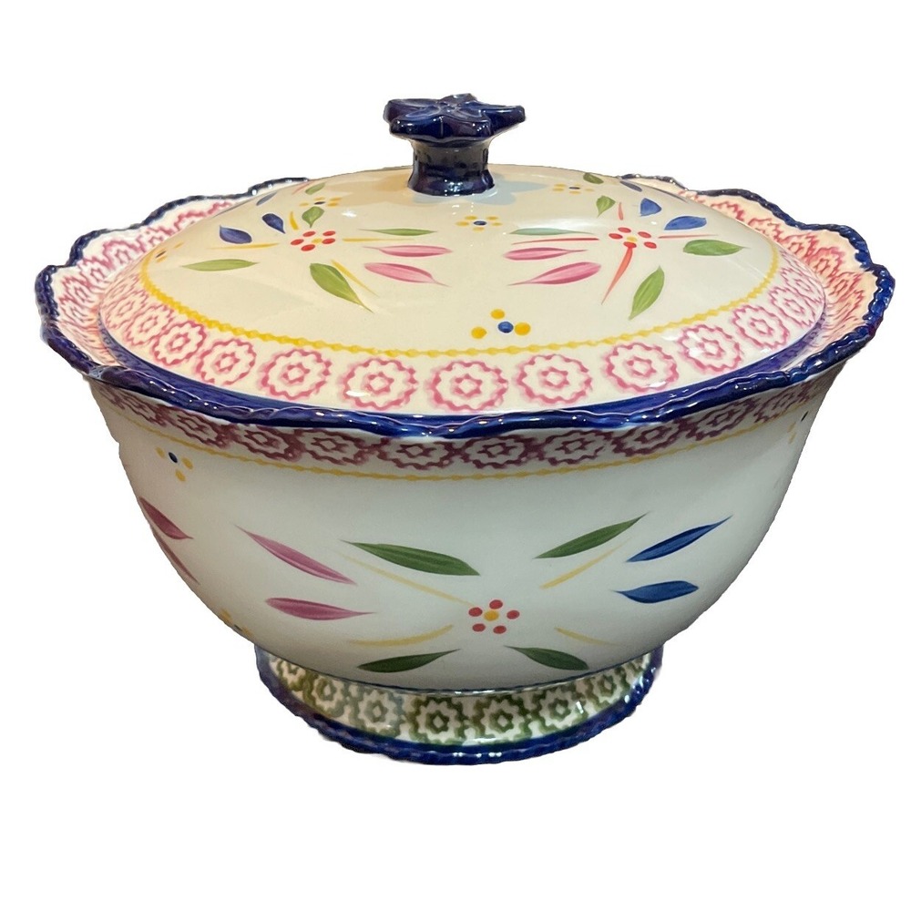 Temptations Old World‎ Blue Confetti 3 QT Scalloped Bowl With Lid Matching Spoon